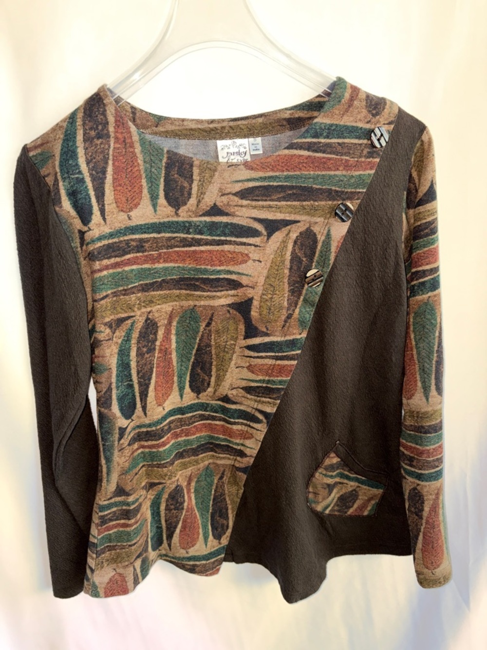 Parsley & Sage Green Tunic, Brown & Tan Leaf Panels, sz S, 18” PTP, 25” L